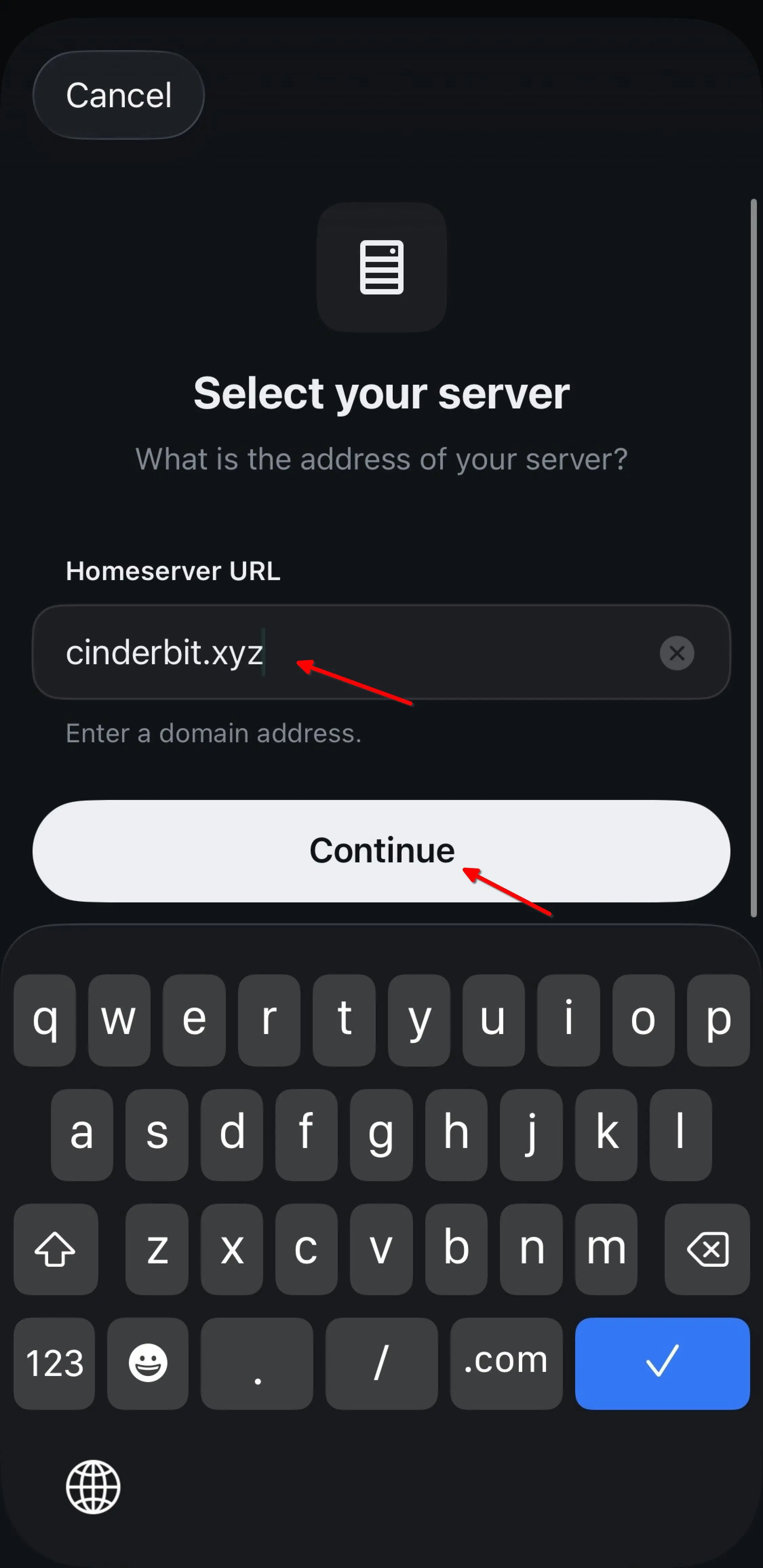 Step 3: Enter cinderbit.xyz and tap Continue